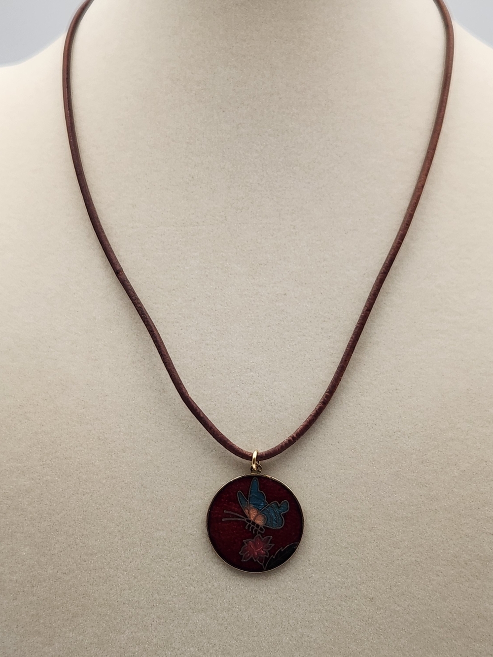 Brown Leather Cord Necklace with Red Enamel Butterfly Pendant